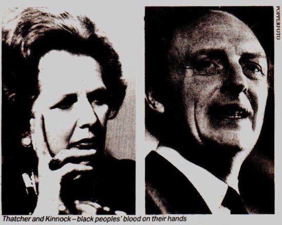 Thatcher and Kinnock - black people's blood on their hands (photo: POPPERFOTO)