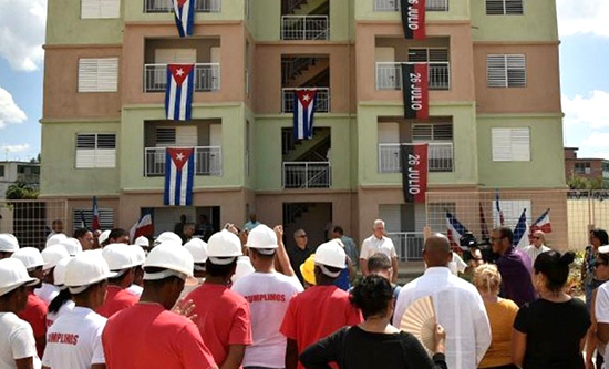 Miguel Díaz-Canel Bermúdez, President of Cuba, overseeing house deliveries to tornado-affected families in Guanabacoa.