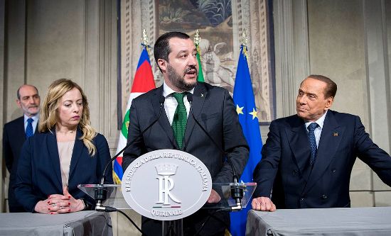 L-R: Giorgia Meloni (Brothers of Italy), Matteo Salvini (Northern League), Silvio Berlusconi (Forward Italy)