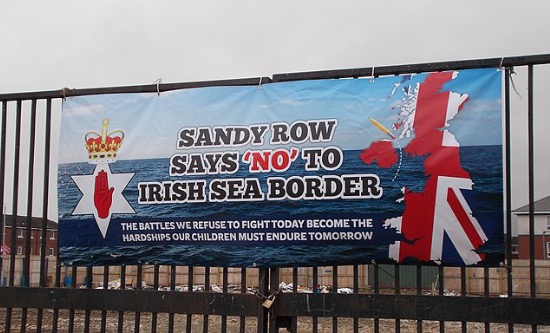 Banner displayed in loyalist Sandy Row, Belfast reads 'Sandy Row says no to Irish Sea border' (photo: Whiteabbey. CC BY-SA 4.0)