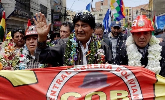 Bolivia's President Evo Morales heads a march of the COB (Bolivian Workers' Confederation) during a rally for re-election in 2019