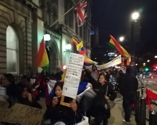 Bolivians in London demonstrate outside Downing Street on 11 November