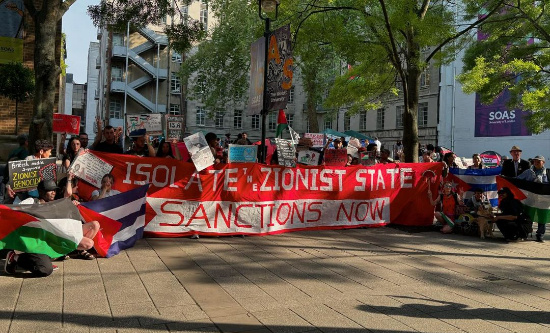 FRFI rally at SOAS with banner reading 'Isolate the Zionist state - sanctions now!'