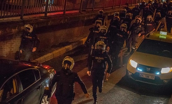 Turkish police mobilise in Istanbul in 2015 as thousands protest over the death of Tahir Elçi 