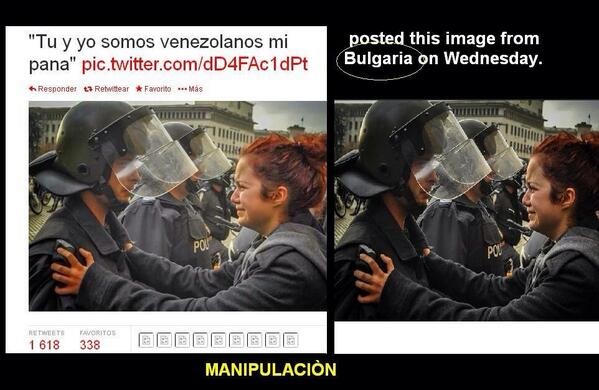 Media manipulation-this photo is actually from Bulgaria but the quote on the right reads you and I are Venezuelans my friend