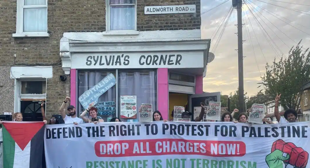 Supporters of the SOAS 2 Defence Campaign rally outside the venue of the webinar watch party in London, 12 September (photo: Focus E15)